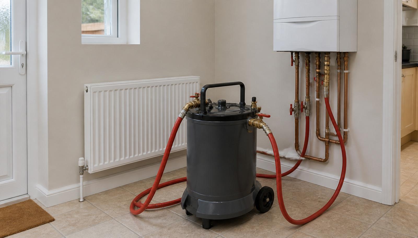 Power-flushing machine connected via red hoses to a wall-hung boiler for a full central heating system flush