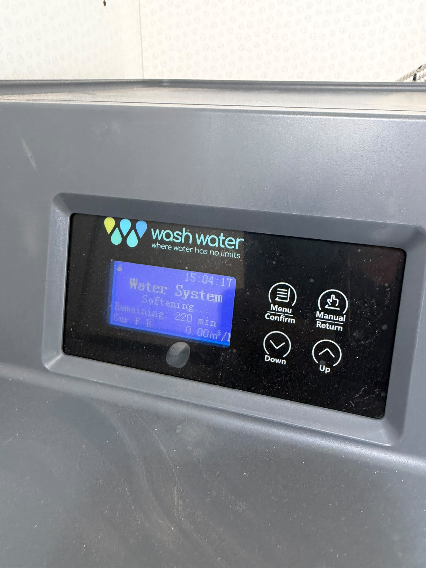 Wash Water softener control panel actively softening after commissioning