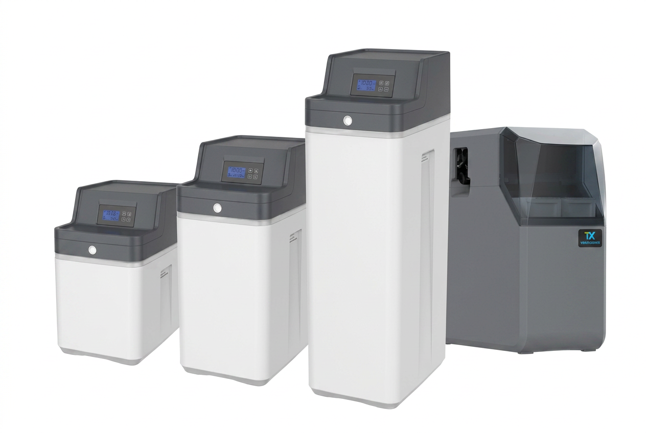 Wash Water domestic water softener range — compact, mid-size and full-size cabinet softeners alongside a non-electric model, the brand BTD Plumbing & Heating supply and install across Wiltshire