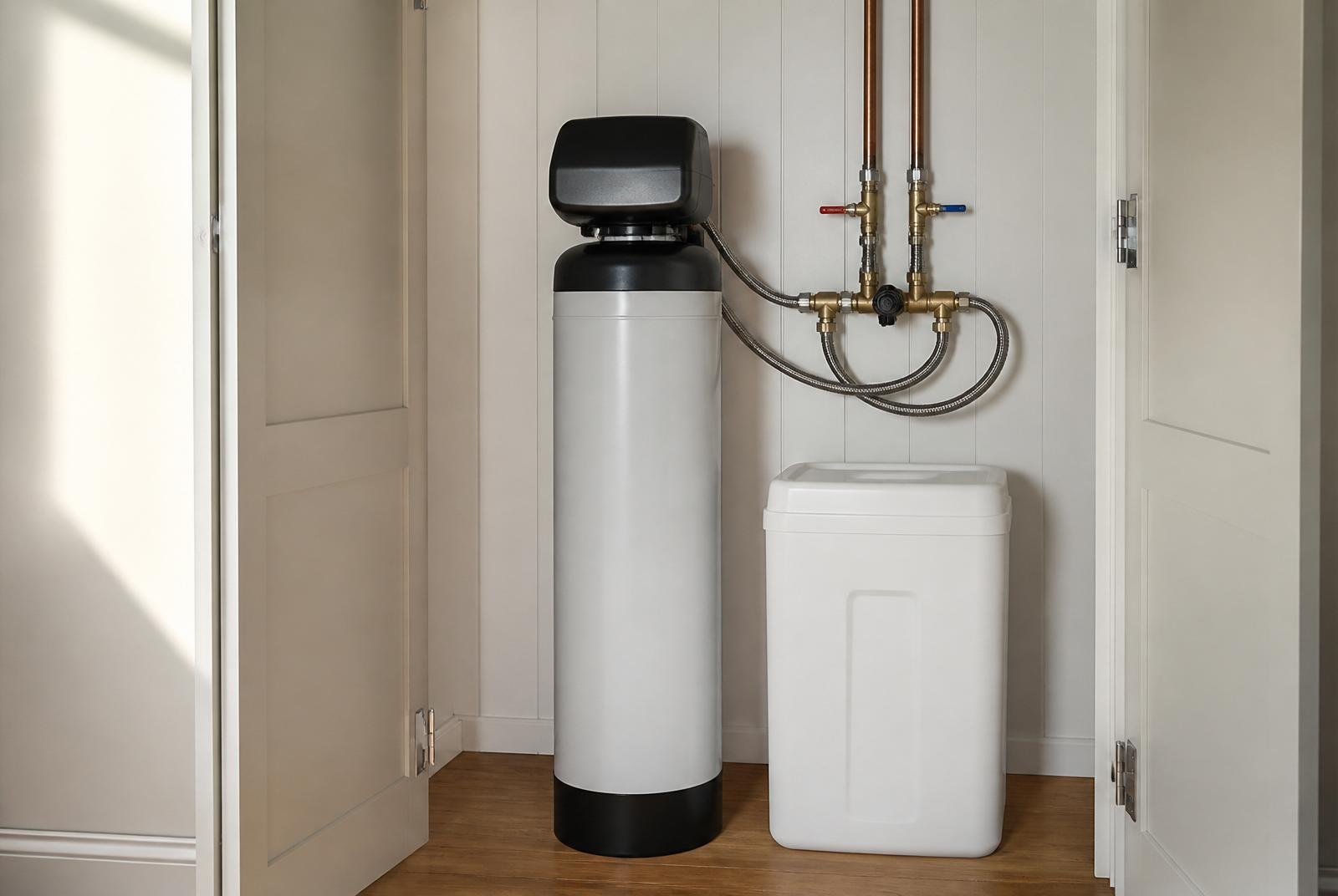 Domestic water softener with black control head and brine tank installed in a utility cupboard with braided flexi hoses and copper pipework